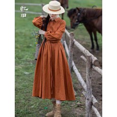 批发春季复古衬衫领长袖<b class='q'>连衣裙</b>女秋季新款纯色亚麻<b class='q'>文艺</b>裙