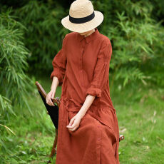 批发春季重工棉麻长袖<b class='q'>连衣裙</b>大码宽松显瘦休闲温柔风减龄亚麻裙子