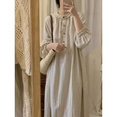 批发早春森系温柔风重工褶皱长裙<b class='q'>日系</b>复古宽松遮肉棉麻<b class='q'>连衣裙</b>