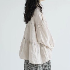 批发春季飘逸感圆领娃娃衫 新款色织<b class='q'>亚麻</b>宽松套头衫