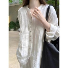 批发春季慵懒自在~复古银扣中式禅意风白色<b class='q'>亚麻</b>防晒衬衫<b class='q'>外套</b>