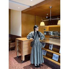 批发春季<b class='q'>亚麻</b>格子裙女新款古长袖设计感连衣裙