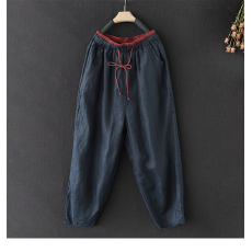 批发春季新款复古撞色盘扣亚麻休闲<b class='q'>裤</b>女宽松显瘦百搭萝卜<b class='q'>裤</b>