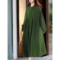 批发春季亚麻绿沈色长袖<b class='q'>连衣裙</b>女早秋新款文艺气质宽松长袍裙子