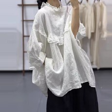 批发春季文艺<b class='q'>森系</b>木耳边拼接娃娃衫宽松慵懒减龄百搭麻料<b class='q'>衬衫</b>