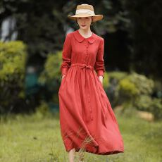 批发民族风气质收腰棉麻裙女 新款娃娃领复古显瘦<b class='q'>亚麻</b><b class='q'>长裙</b>