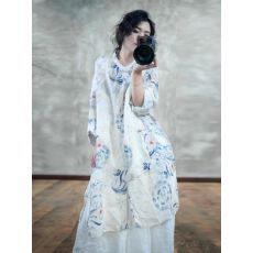 批发春季国风淡雅盘扣斜襟立领<b class='q'>青花瓷</b>中长款<b class='q'>连衣裙</b>衬衣