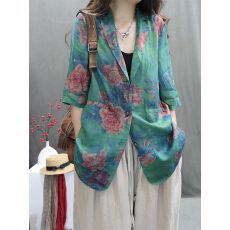 批发棉麻女装新款苎麻印花复古宽松个性洋气休闲<b class='q'>百搭</b>中袖西服