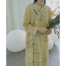 批发春季宽松改良旗袍亚麻连衣裙数码印花早秋文艺中式斜襟棉麻裙