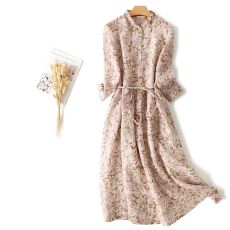 批发春季长袖外贸货<b class='q'>原</b><b class='q'>单</b>苎麻棉碎花收腰系带<b class='q'>连衣裙</b>