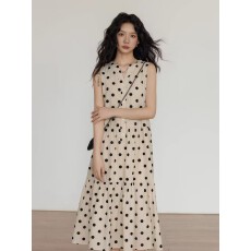 批发夏季v领波点亚麻短袖<b class='q'>连衣裙</b>女显瘦新款度假风气质休闲<b class='q'>宽松</b>长裙