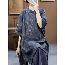 批发夏季新中式<b class='q'>女装</b>新款复古立领盘扣苎麻印花五分袖中长款侧开叉上衣