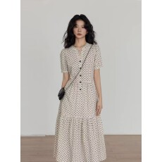 批发夏季v领波点短袖<b class='q'>连衣裙</b>女显瘦气质休闲<b class='q'>宽松</b>长裙