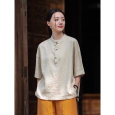 批发新中式苎麻复古衬衫女春夏2026新款棉麻宽松茶服休闲禅意短袖上衣