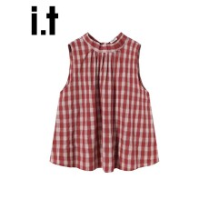 显白红色格纹无袖上衣2026夏新款韩系百搭宽松系带圆领娃娃衫