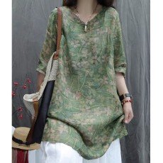 批发复古苎麻印花V领中袖<b class='q'>衬衫</b>裙宽松版中长款休闲上衣