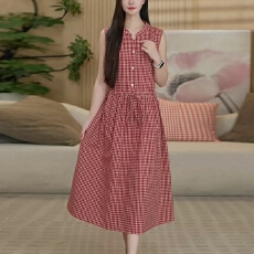 批发时尚简约格子纯棉无袖连衣裙中长款收腰显瘦裙子