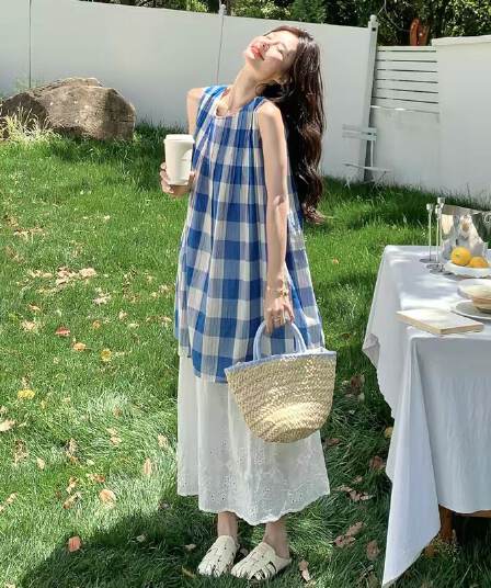 맞춤 무거운 작업 파란색 체크무늬 조끼 여름 새로운 달콤함 연령 감소 조끼 스커트