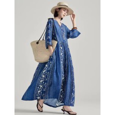 批发旅游度假文艺袍子<b class='q'>连衣裙</b>夏气质蓝波西米亚宽松长裙女显瘦