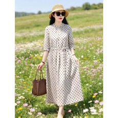 批发夏新款<b class='q'>亚麻</b>雨露麻波点印花文艺气质长款<b class='q'>连衣裙</b>