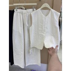 批发<b class='q'>韩版</b>肌理感单排扣无袖上衣松紧腰阔腿休闲直筒<b class='q'>裤</b>夏季简约气质套<b class='q'>装</b>