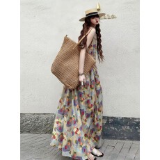 批发复古<b class='q'>纯棉</b>印花背心裙小清新减龄韩版A字甜美<b class='q'>连衣裙</b>