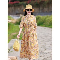 批发夏新款亚麻印花文艺旅行气质清新长款连衣裙