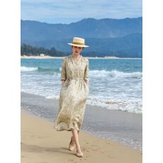 批发文艺气质V领抽绳收腰印花苎麻连衣裙女碎花高腰大摆<b class='q'>长裙</b>