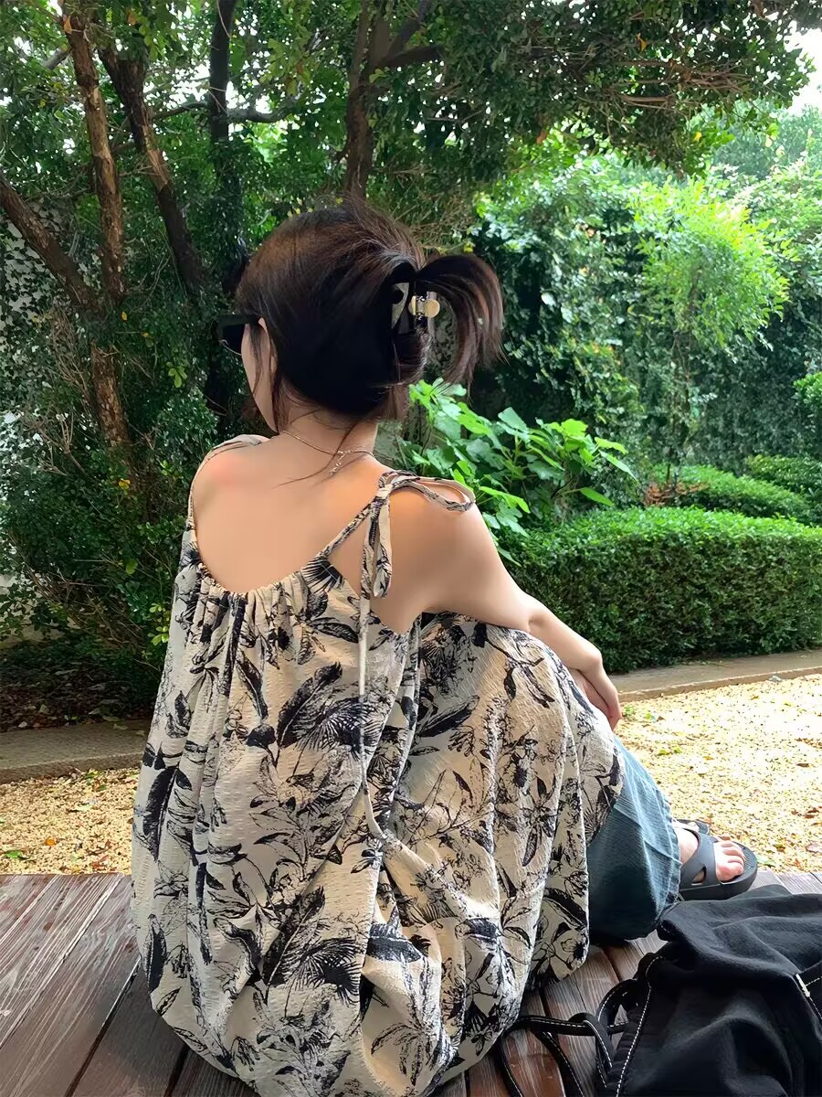 수묵화 프린트 슬립 드레스 여름 여성 레트로 꽃무늬 드레스 중간 길이 치마