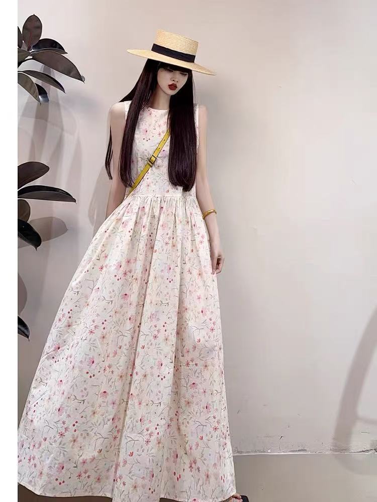 매우 요정 작은 청신 순면 꽃무늬 한 마디 조끼 스커트 2025 여름 달콤함 큰 진자 활력 소녀 드레스
