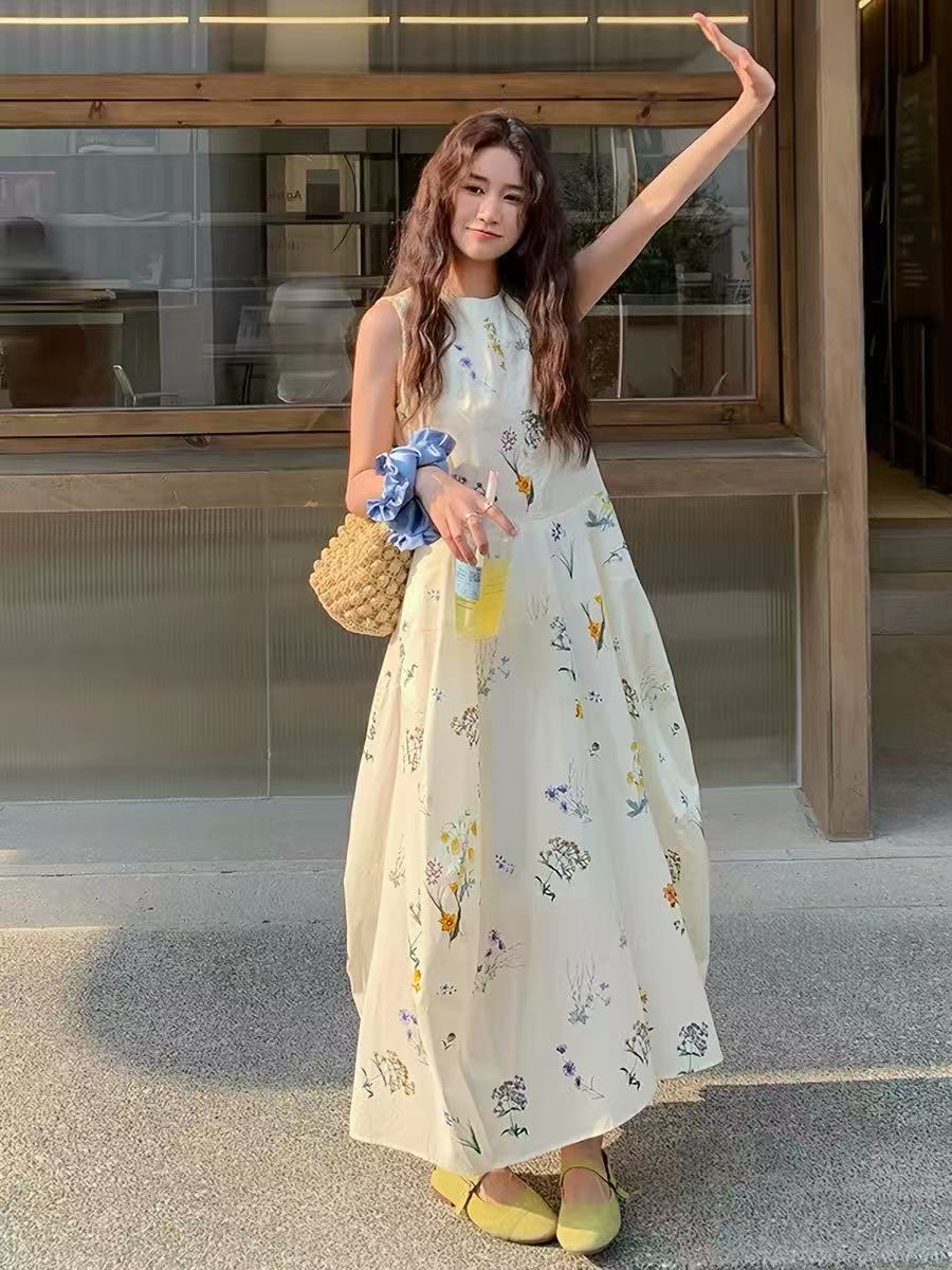 민소매 조끼 꽃무늬 여성 드레스 여름 올해 인기 프랑스식 차 휴식 자이언트 잘 생긴 슈퍼 화재 꽃밭 길다 치마