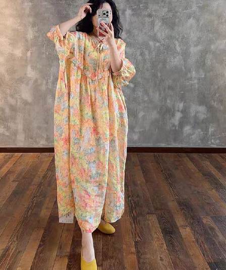 낭만주의 레이스 패치워크 프린트 문예 루즈핏 드레스