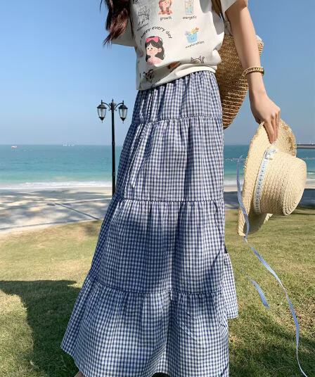 부드러운 파란색 체크무늬 반신 스커트 여성 봄 여름 새로운 치마 슬림해 보이는 케이크 드레스 A라인 스커트