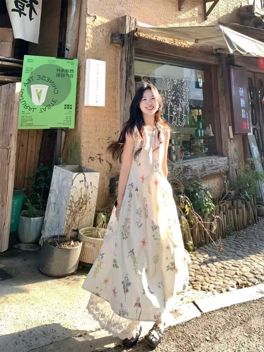 여름 새로운 프랑스식 휴가 바람 아름다운 프린트 민소매 조끼 원피스
