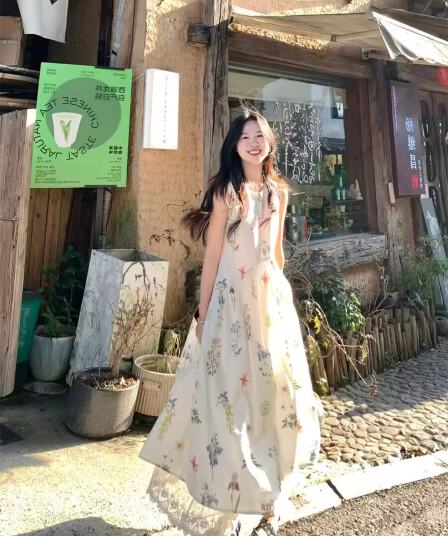 여름 새로운 프랑스식 휴가 바람 아름다운 프린트 민소매 조끼 원피스