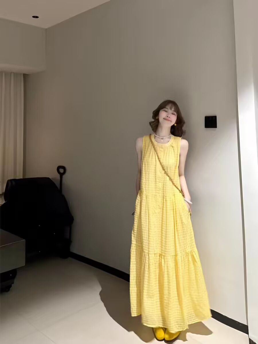 프랑스식 품격 부드러운 바람 우유 황색 체크무늬 민소매 조끼 원피스