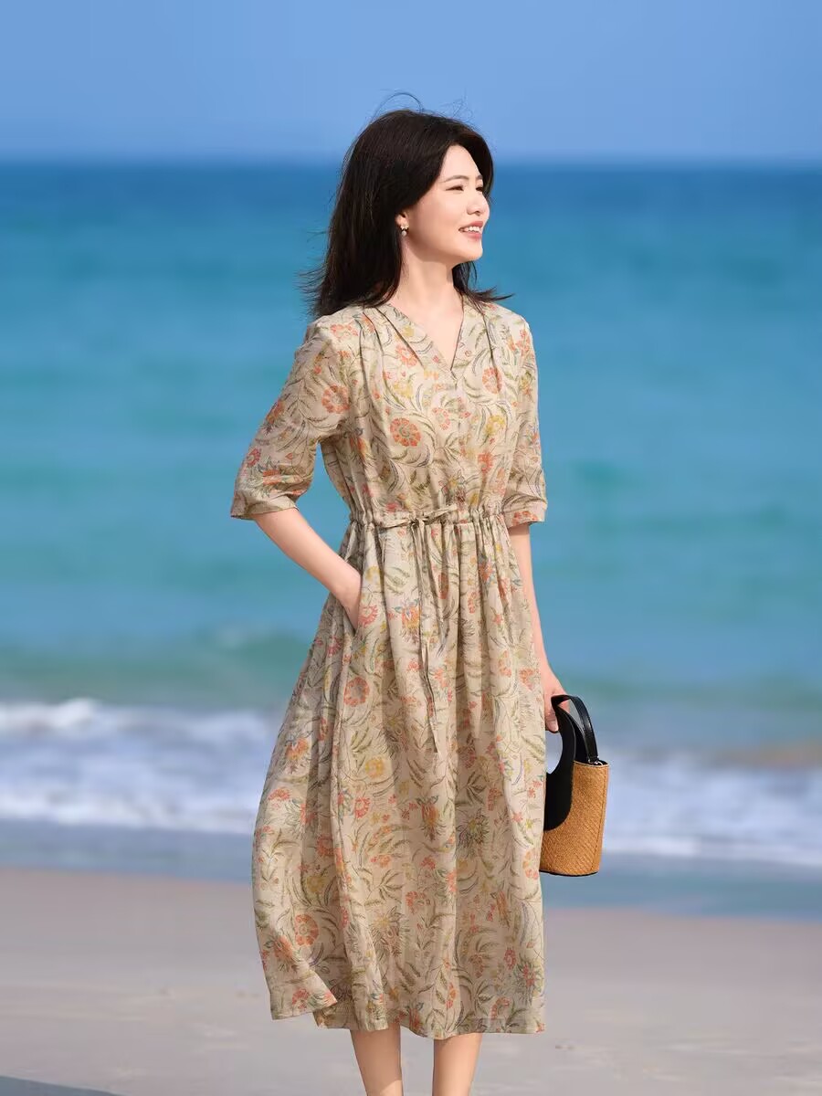 문예 품격 V넥 펌프 로프 허리 수축 프린트 라미 여성 드레스 꽃무늬 하이웨이스트 큰 진자 롱 스커트