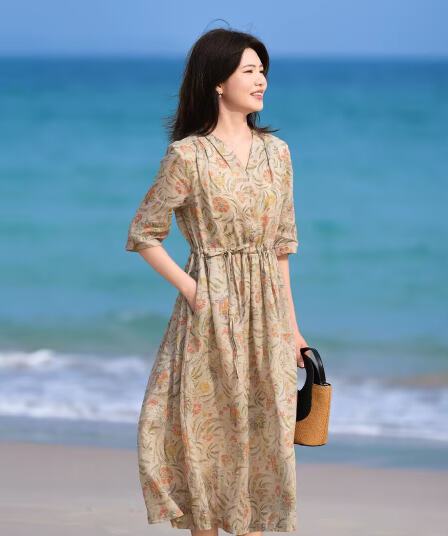 문예 품격 V넥 펌프 로프 허리 수축 프린트 라미 여성 드레스 꽃무늬 하이웨이스트 큰 진자 롱 스커트
