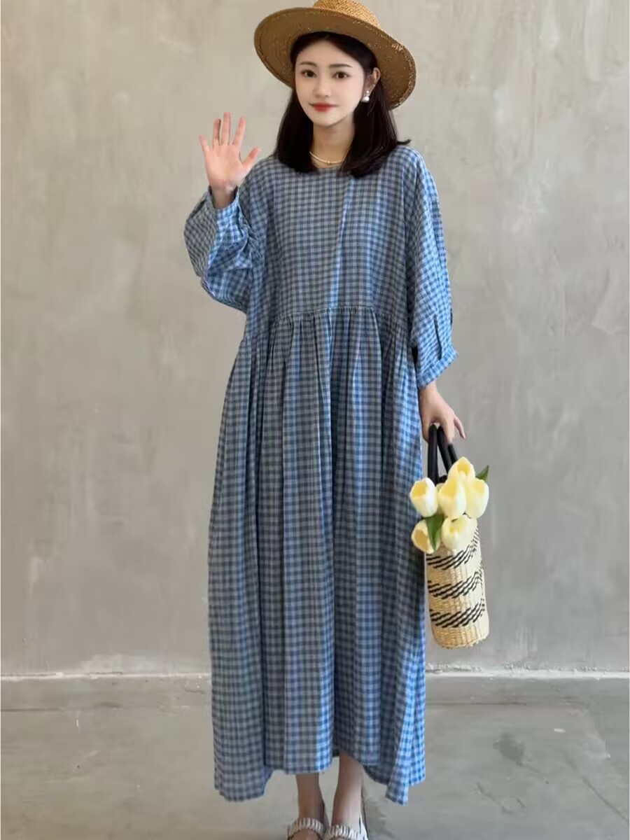 체크무늬 여성 드레스 여름 새로운 블루 그리드 치마