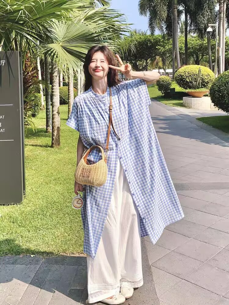 루즈핏 드레스 셔츠 드레스 일본식 레트로 싱글 줄 버튼 블루 체크무늬