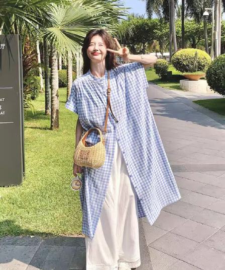 루즈핏 드레스 셔츠 드레스 일본식 레트로 싱글 줄 버튼 블루 체크무늬