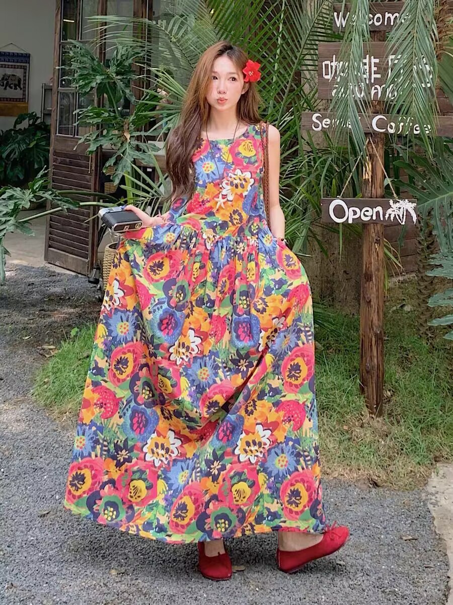 휴가 바람 민소매 프린트 드레스 롱 코트 큰 진자 조끼 스커트 도파민 빛 럭셔리 품격 치마