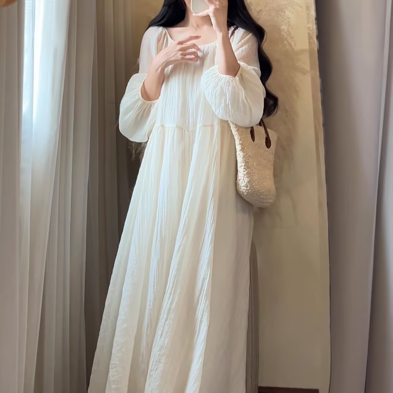프랑스식 부드러운 백리스 레이스업 루즈핏 거품 소매 요정 휴가 드레스