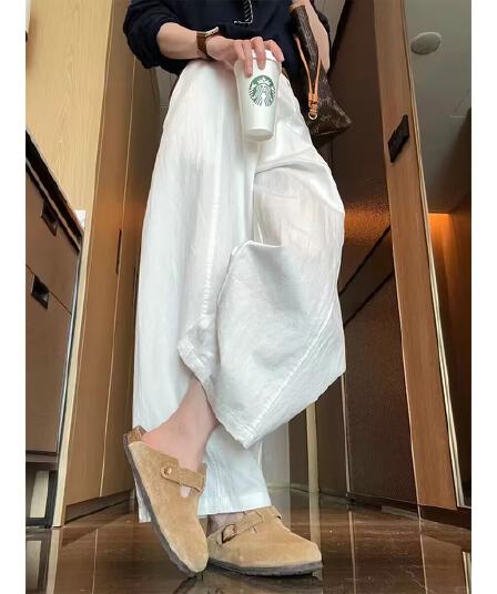 여름 얇은 스타일 바지 아이들 작은 키 도루 가을 센스 오래된 돈 바람 와이드 레그 팬츠 지방 mm 빅 사이즈 화이트 모통이 칼 바지