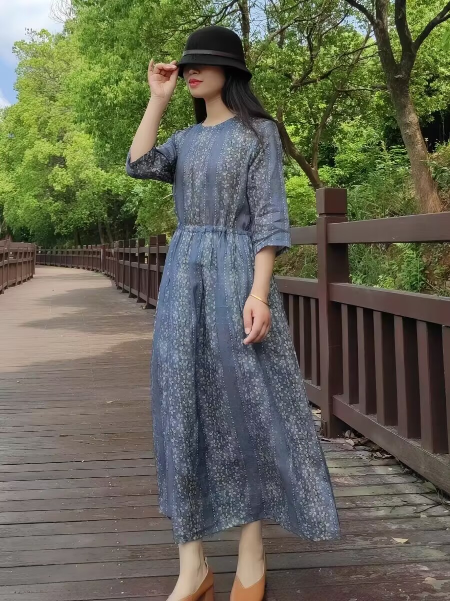 문예 품격 드레스 꽃무늬 프린트 허리 수축 슬림해 보이는 중간 길이 스커트