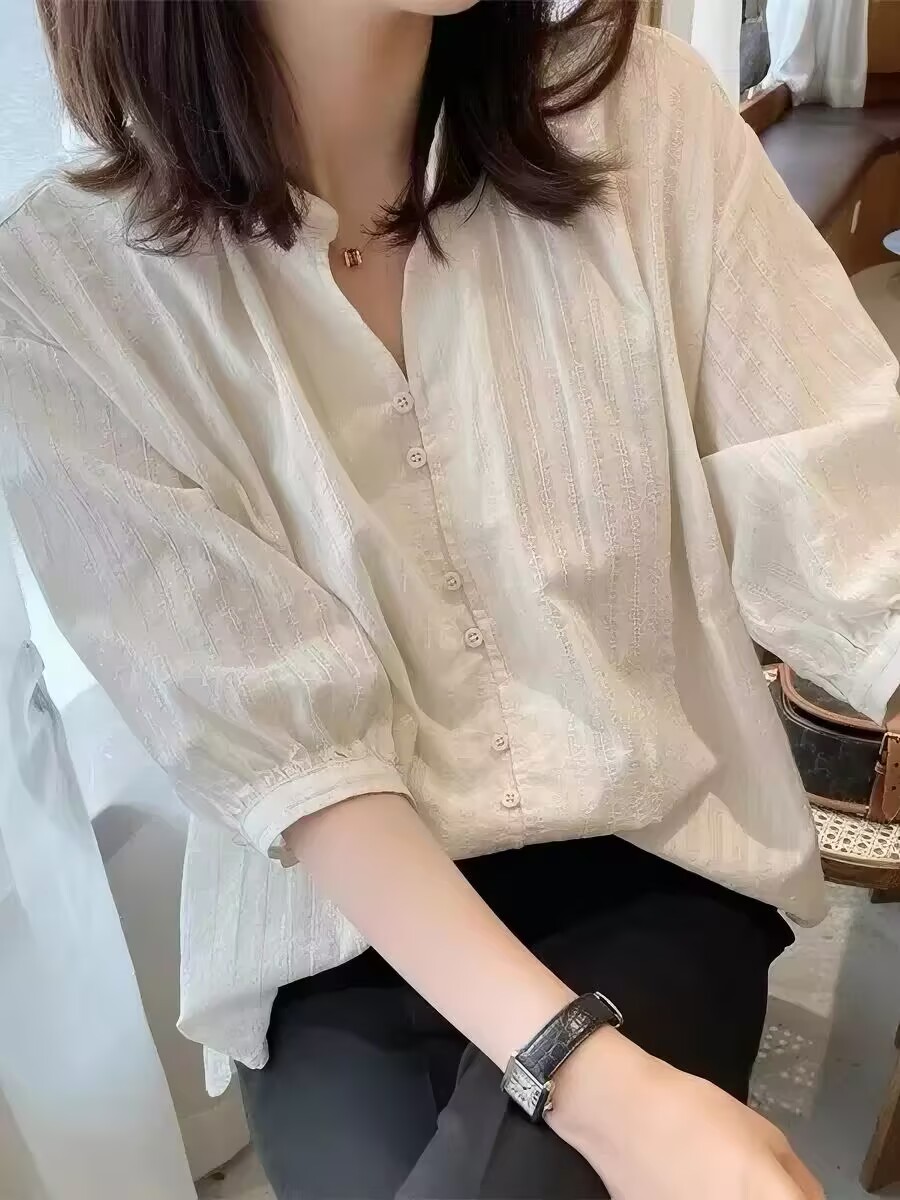 유럽 역 긍정적 인 어깨 여성 셔츠 여름 자카드 새로운 빅 사이즈 아마 면 린넨 7부 소매 맨위