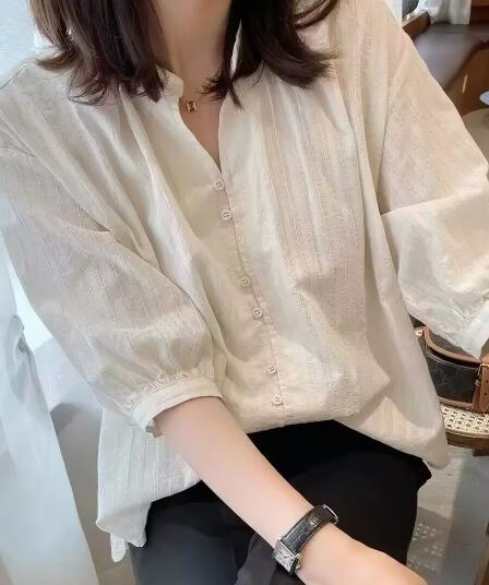 유럽 역 긍정적 인 어깨 여성 셔츠 여름 자카드 새로운 빅 사이즈 아마 면 린넨 7부 소매 맨위