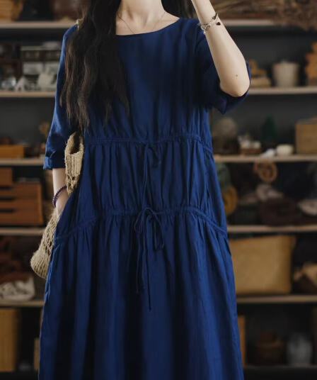 부분 예 블루 이란 다시 밝은 인디고 라운드 넥 순수 린넨 펌프 로프 드레스
