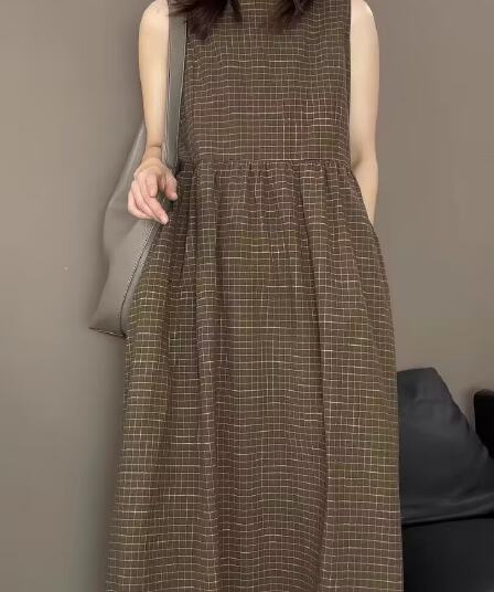 레트로 체크무늬 롱 코트 면 린넨 여성 드레스 2026 여름 단순한 관대 한 슬림해 보이는 조끼 치마