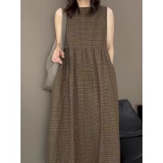 批发<b class='q'>复古</b>格纹长款棉麻<b class='q'>连衣裙</b>女2026夏季简单大方显瘦背心裙子